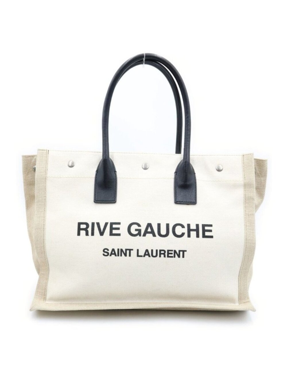 Saint Laurent Paris Rive Gauche Name Design Leather Handle Canvas Tote Bag Beige